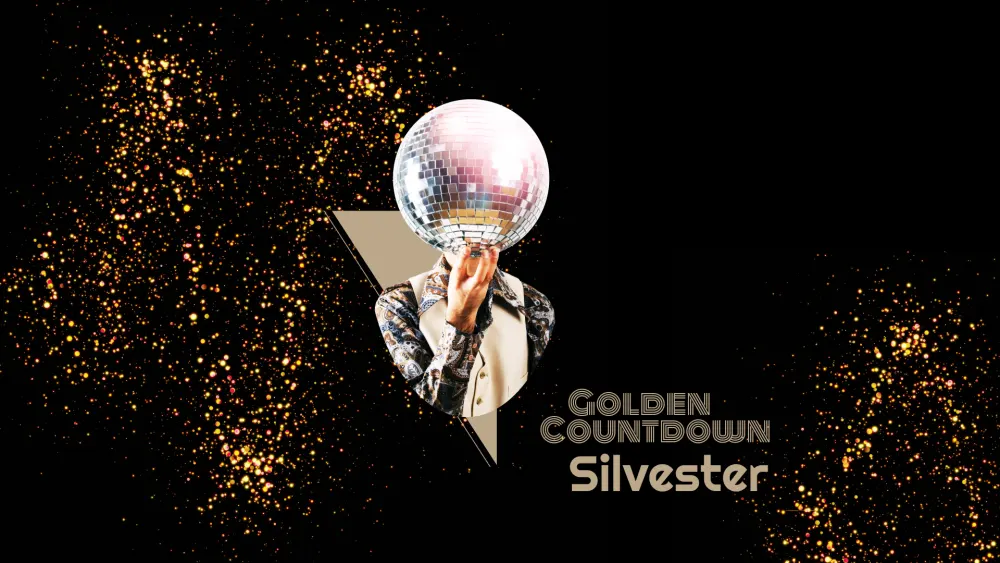 Golden Countdown Silvester: Person mit Discokugel als Kopf