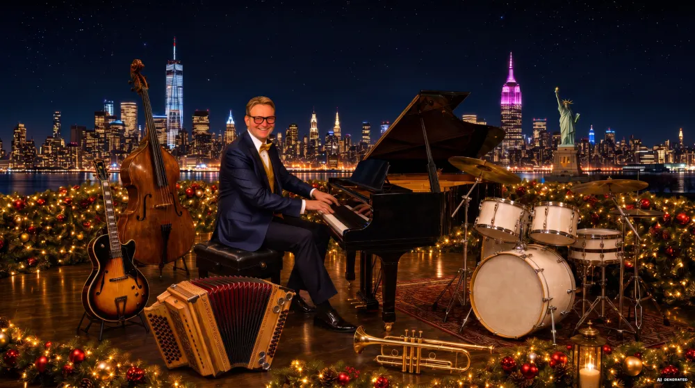 Michael Drexler am Flügel vor der weihnachtlich beleuchteten Skyline von New York